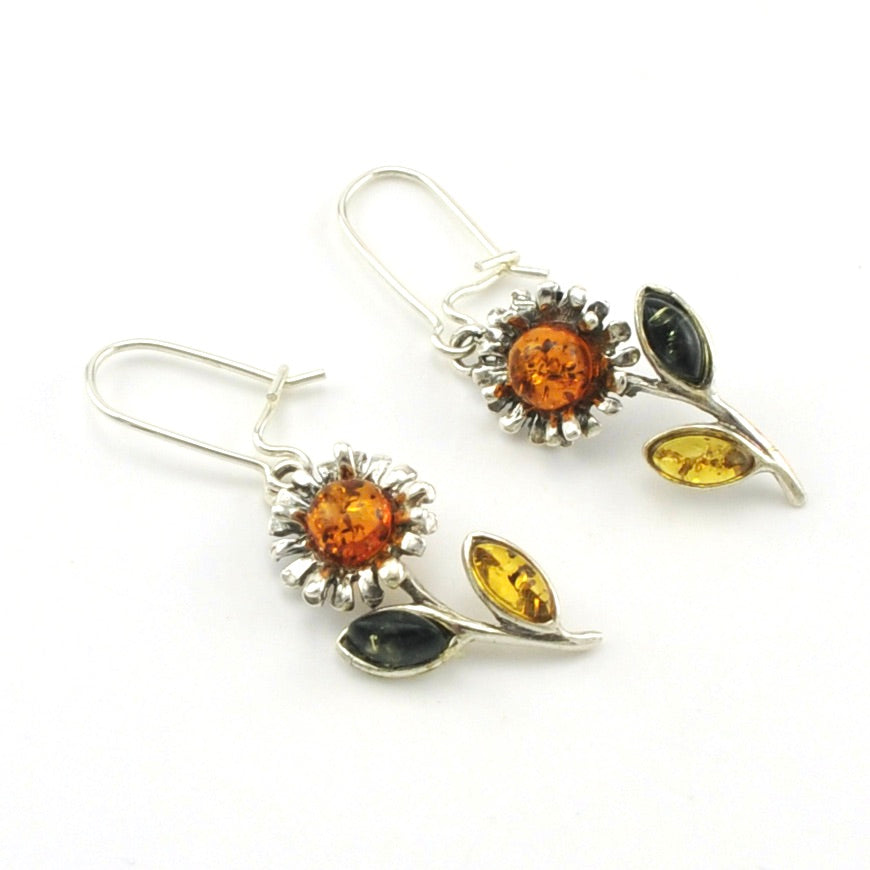 Sterling Silver Multi Amber Sunflower Dangle Earrings