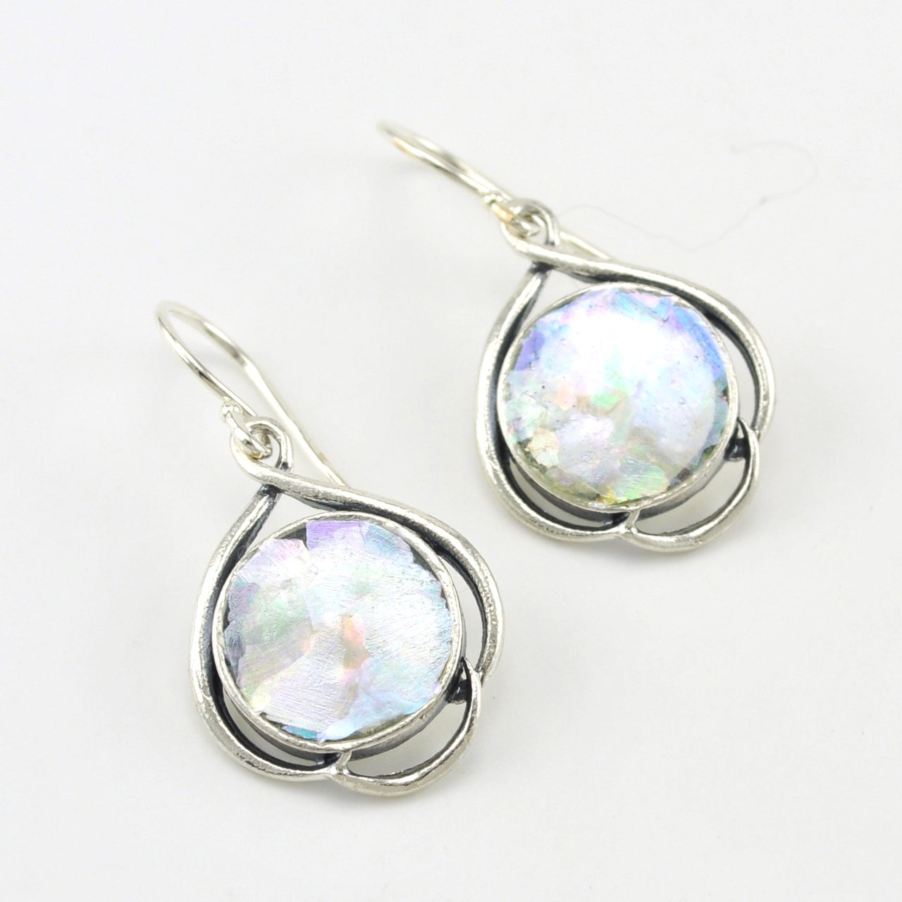 Sterling Silver Roman Glass Round Dangle Earring