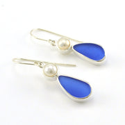 Sterling Silver Pearl Blue Sea Glass Tear Earrings