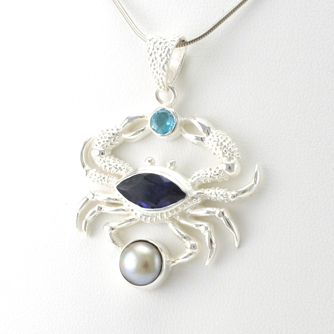Sterling Silver Iolite Topaz Pearl Crab Pendant