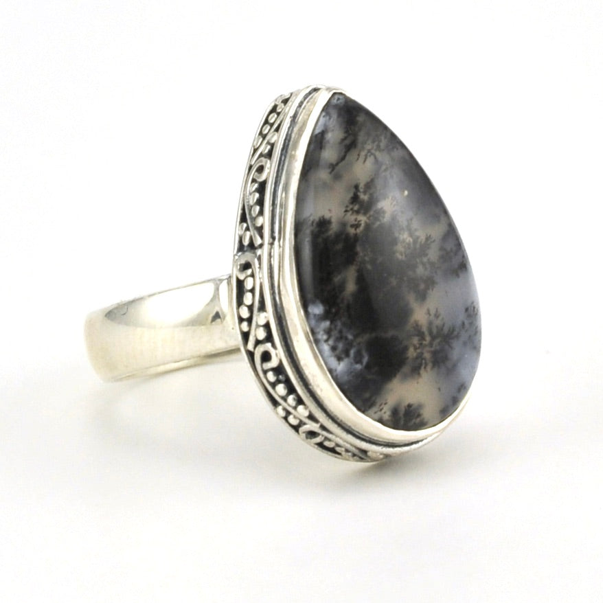 Side View Sterling Silver Dendritic Agate 13x20mm Tear Bali Ring