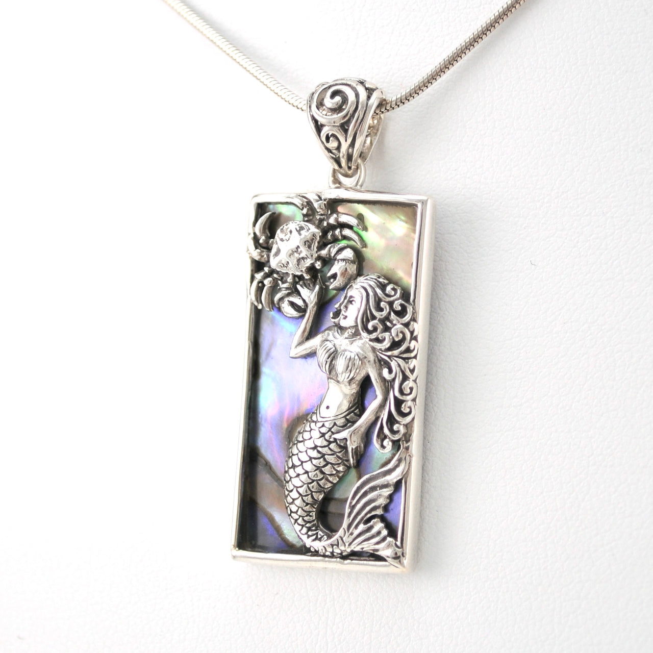 Silver Abalone Mermaid with Crab Pendant