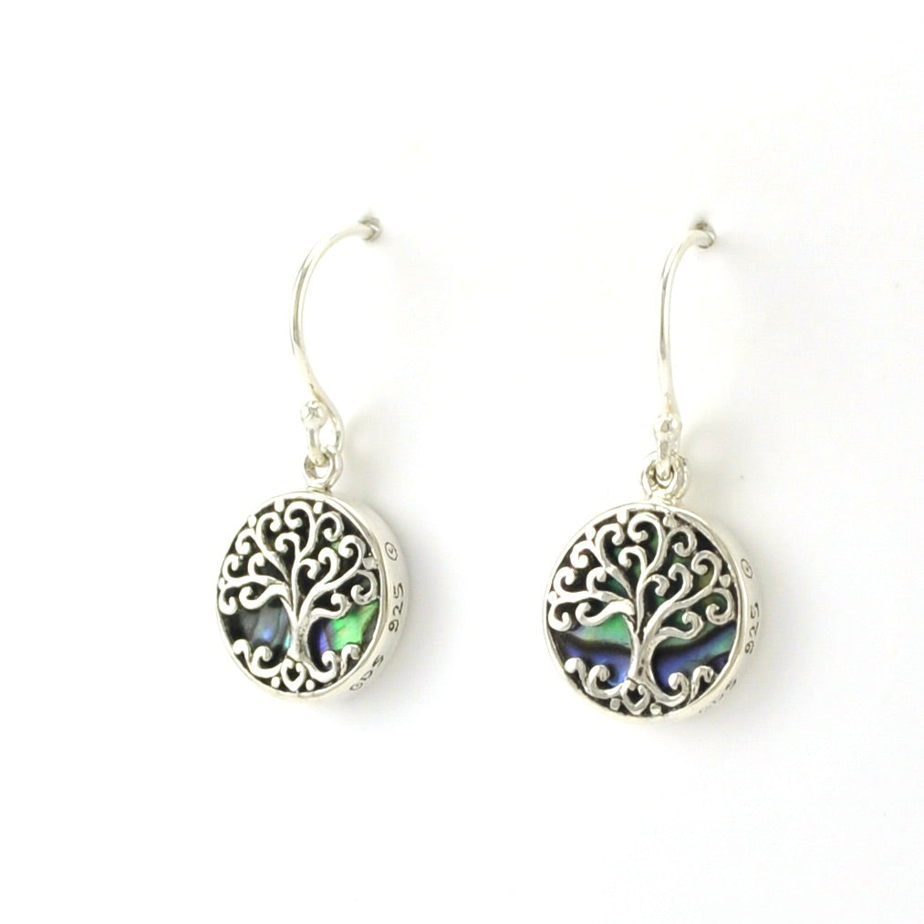 Side View Sterling Silver Abalone Tree of Life Small Dangle Earrings