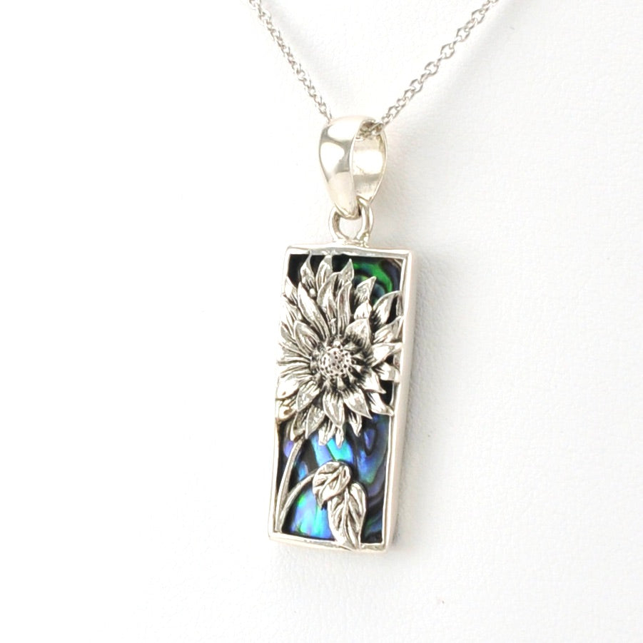Side View Sterling Silver Abalone Sunflower Necklace