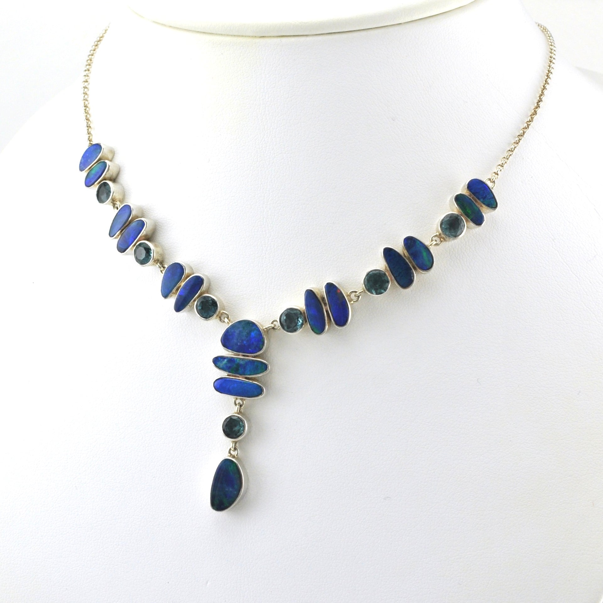 Side View Sterling Silver Australian Opal and Blue Topaz Necklace