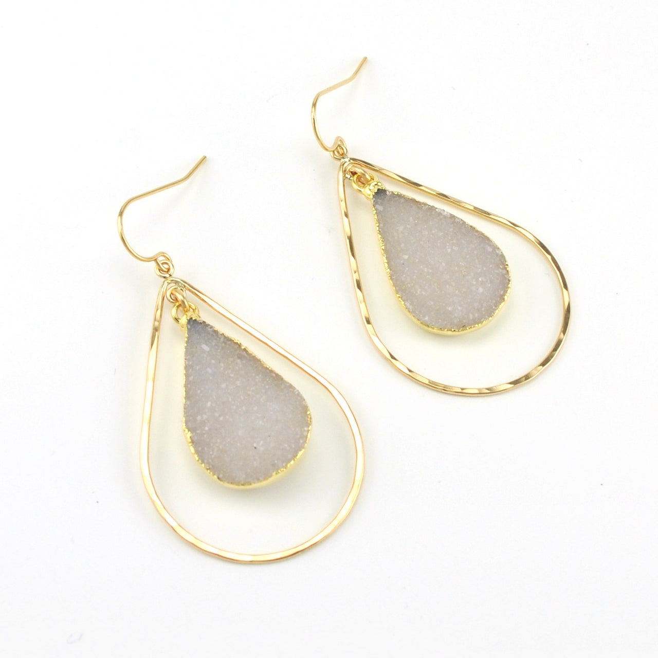 14k Gold Fill Druzy Agate Hammered Tear Earrings