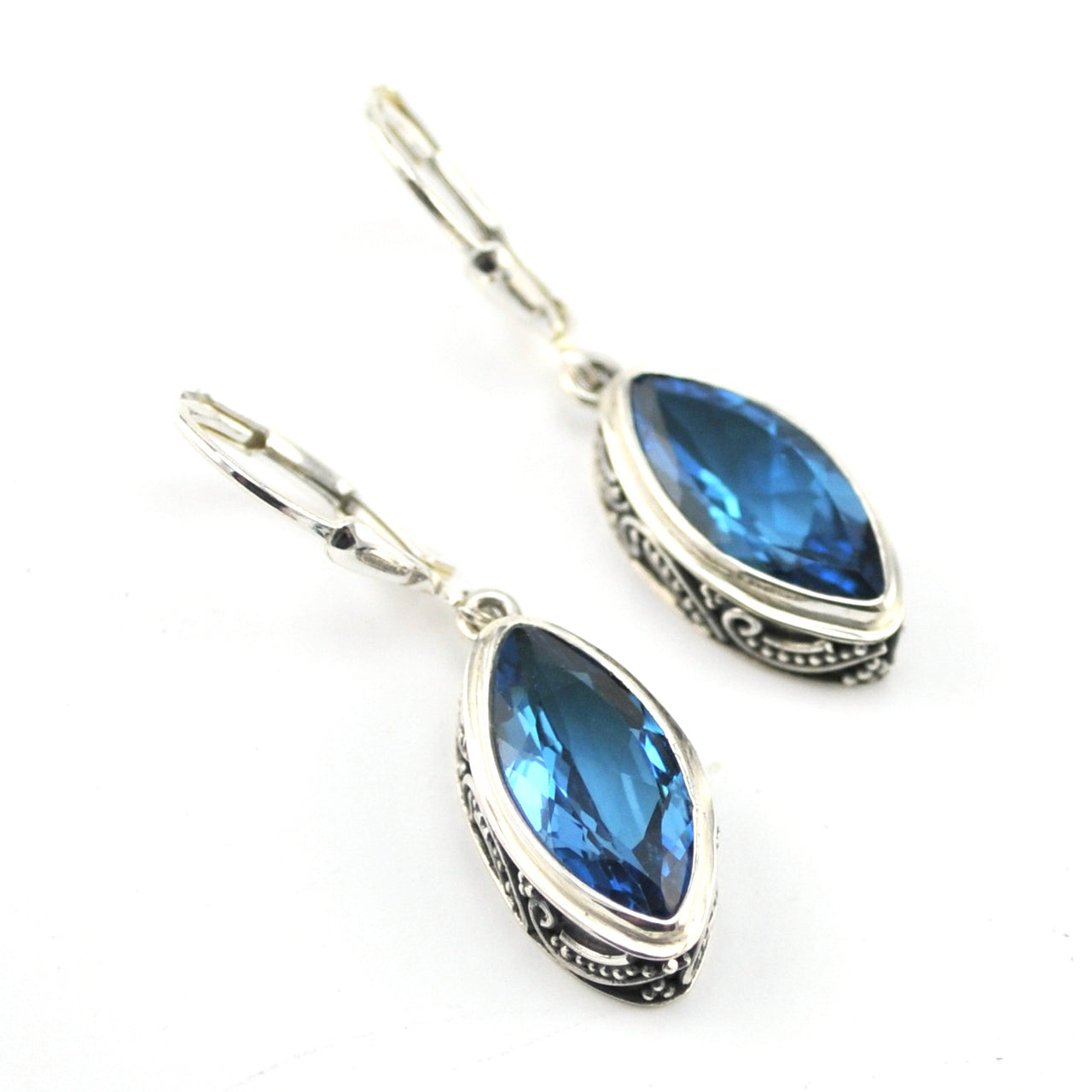 Silver Blue Topaz 7x14mm Marquise Bali Dangle Earrings