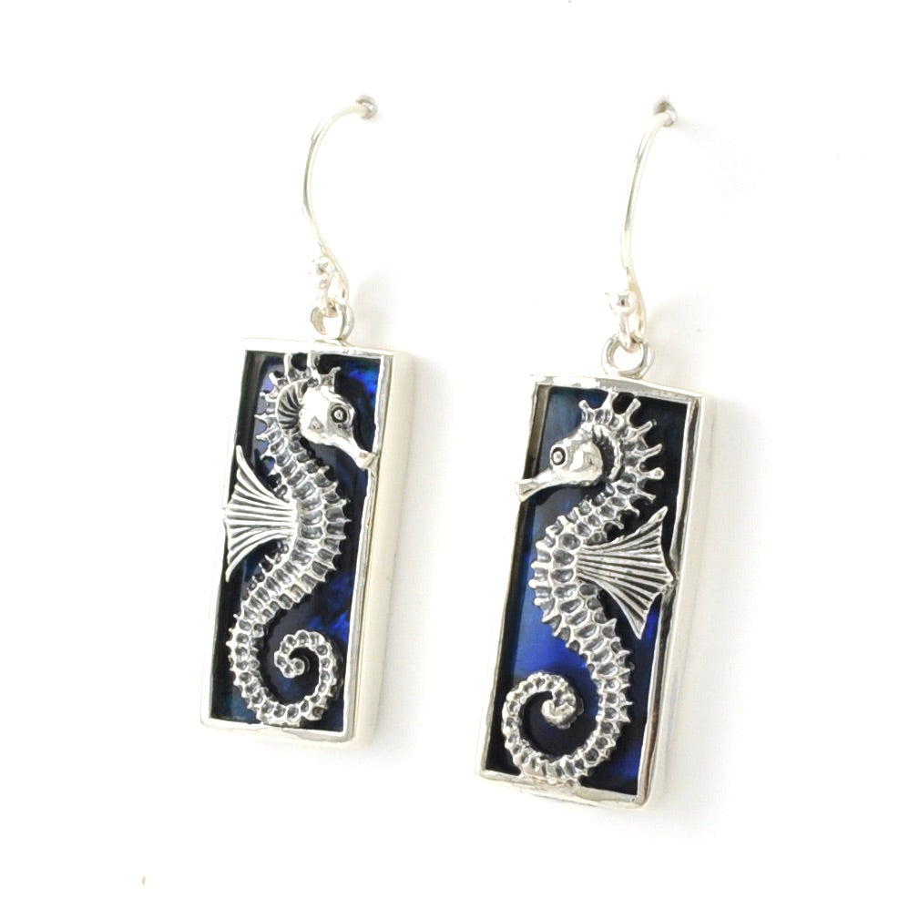 Side View Sterling Silver Blue Abalone Seahorse Rectangle Earrings