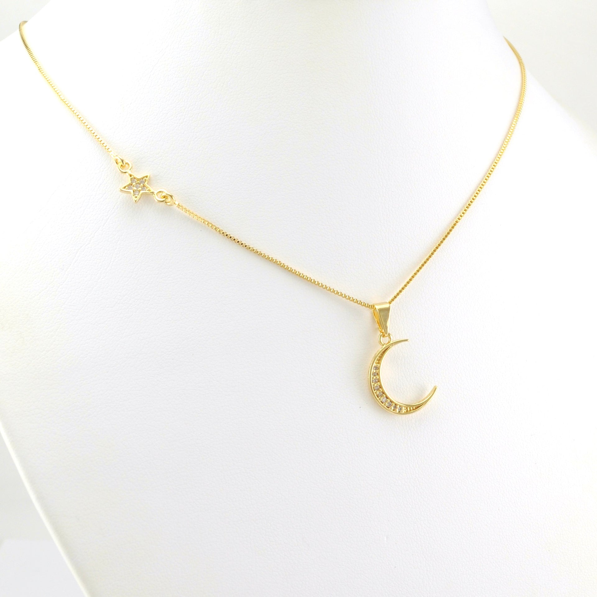 Alt View 18k Gold Fill Cubic Zirconia Moon and Star Necklace