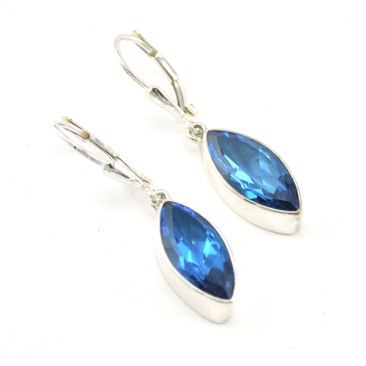 Silver Blue Topaz 7x14mm Marquise Dangle Earrings