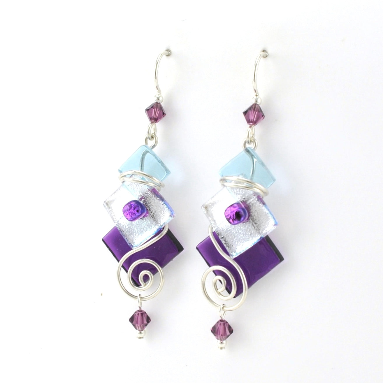 Side View Stricker Purple Fused Glass 3 Square Dangle Earrings