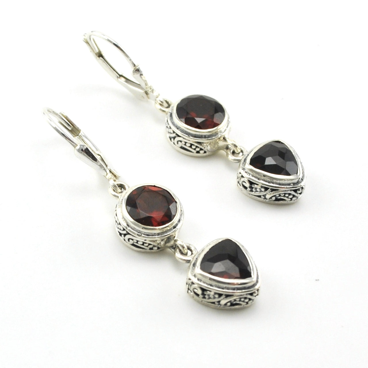 Sterling Silver Garnet Round Trillion Bali Dangle Earrings