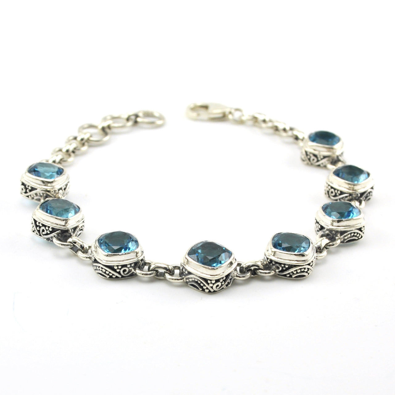 Alternate View Sterling Silver Blue Topaz Square Bali Link Bracelet