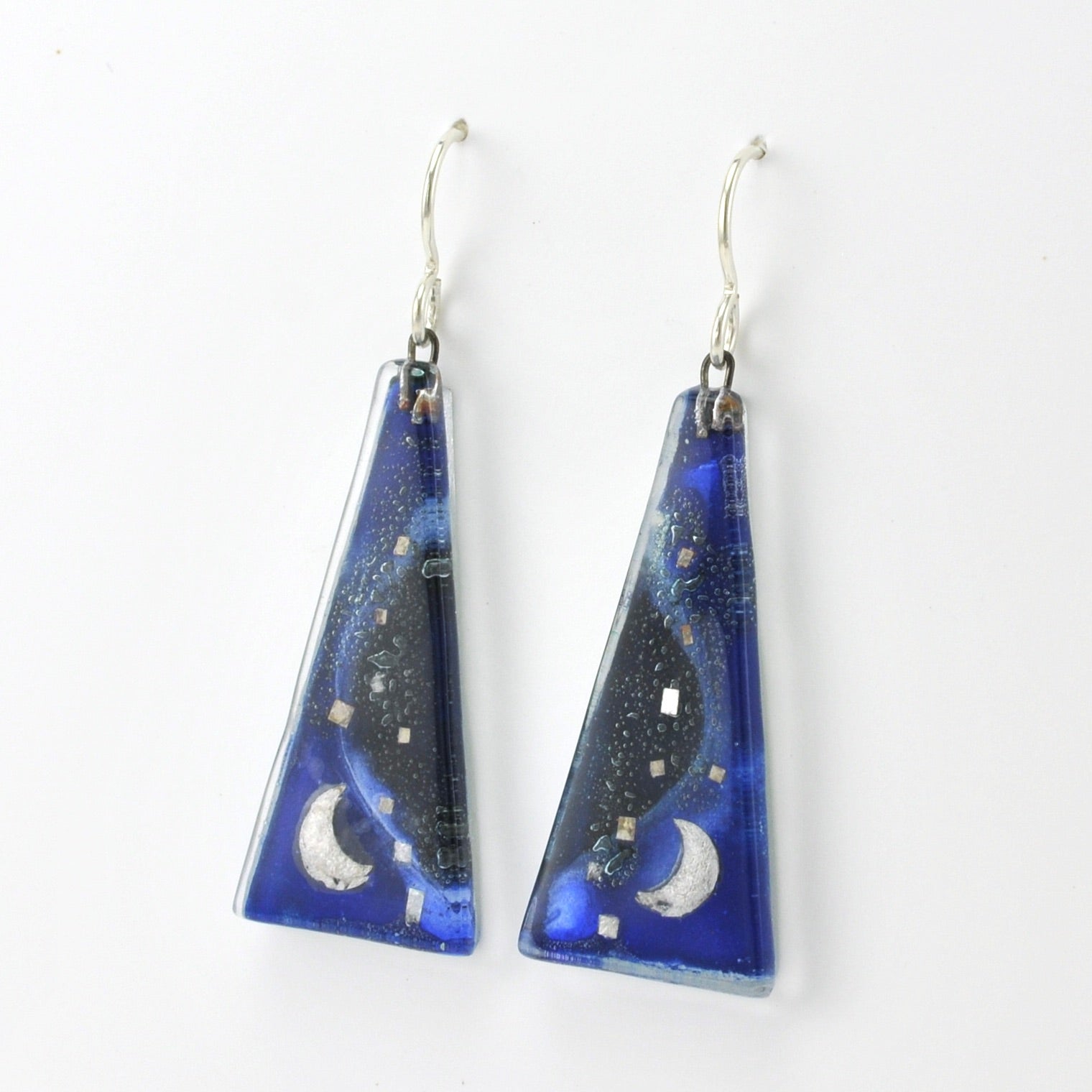 Side View Glass Blue Moon Triangle Earrings