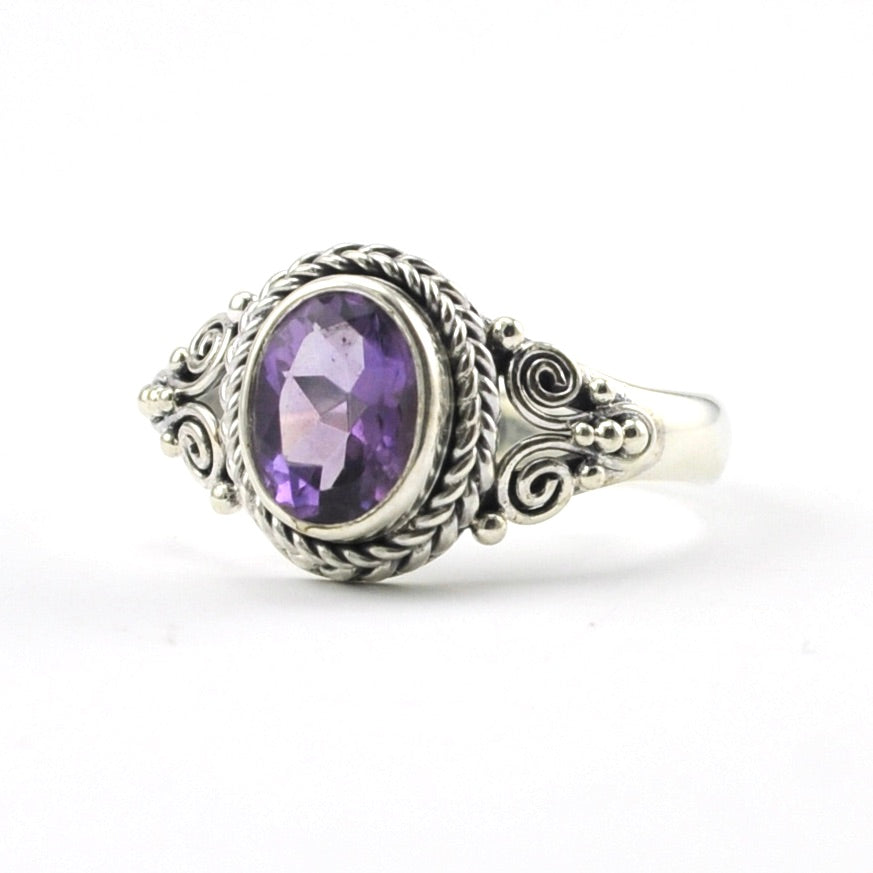 Sterling Silver Amethyst 6x8mm Oval Bali Ring Size 7