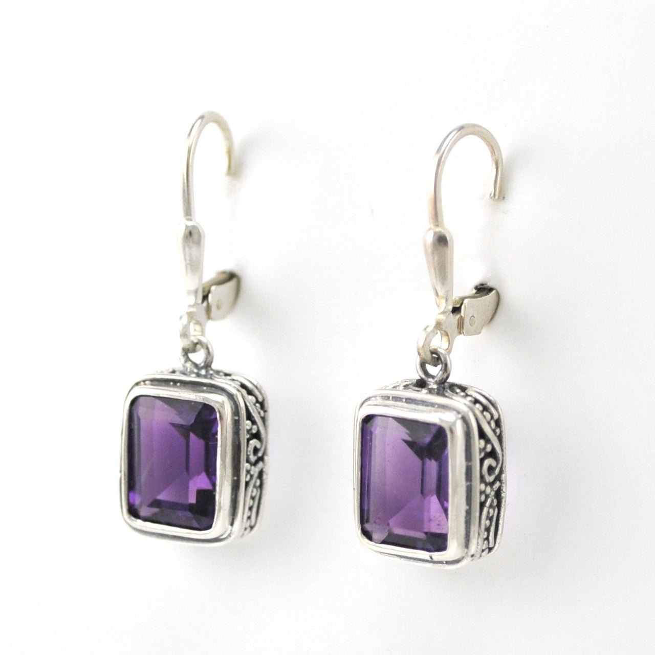 Side View Silver Amethyst 7x9mm Rectangle Bali Earrings