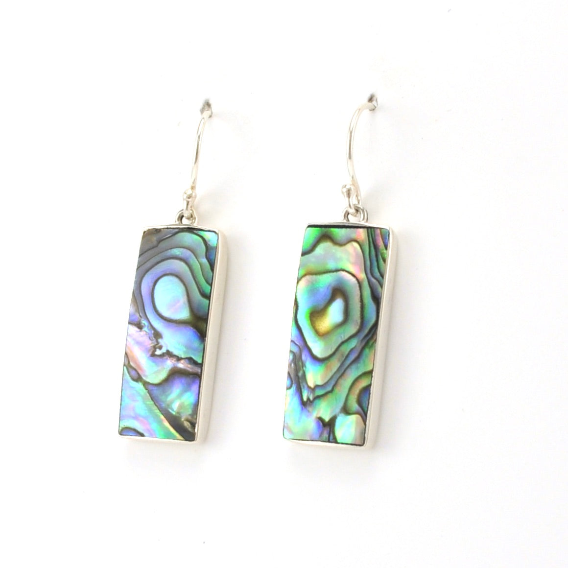 Side View Sterling Silver Abalone Rectangle Dangle Earrings