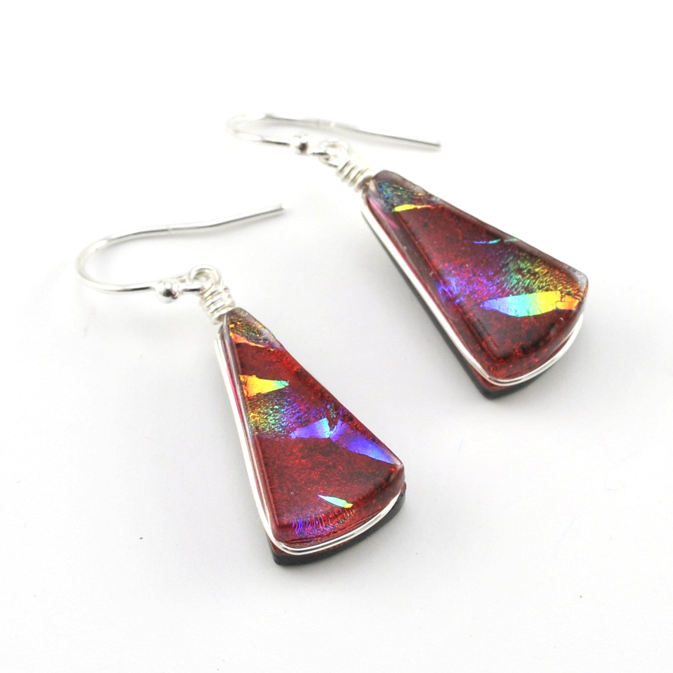 Silver Dichroic Glass Red Rainbow Fan Dangle Earrings