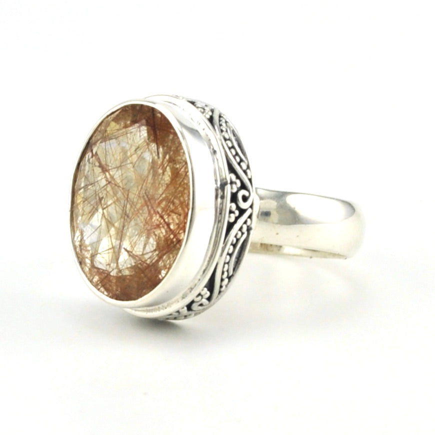 Sterling Silver Rutilated Quartz 11x15mm Oval Bali Ring