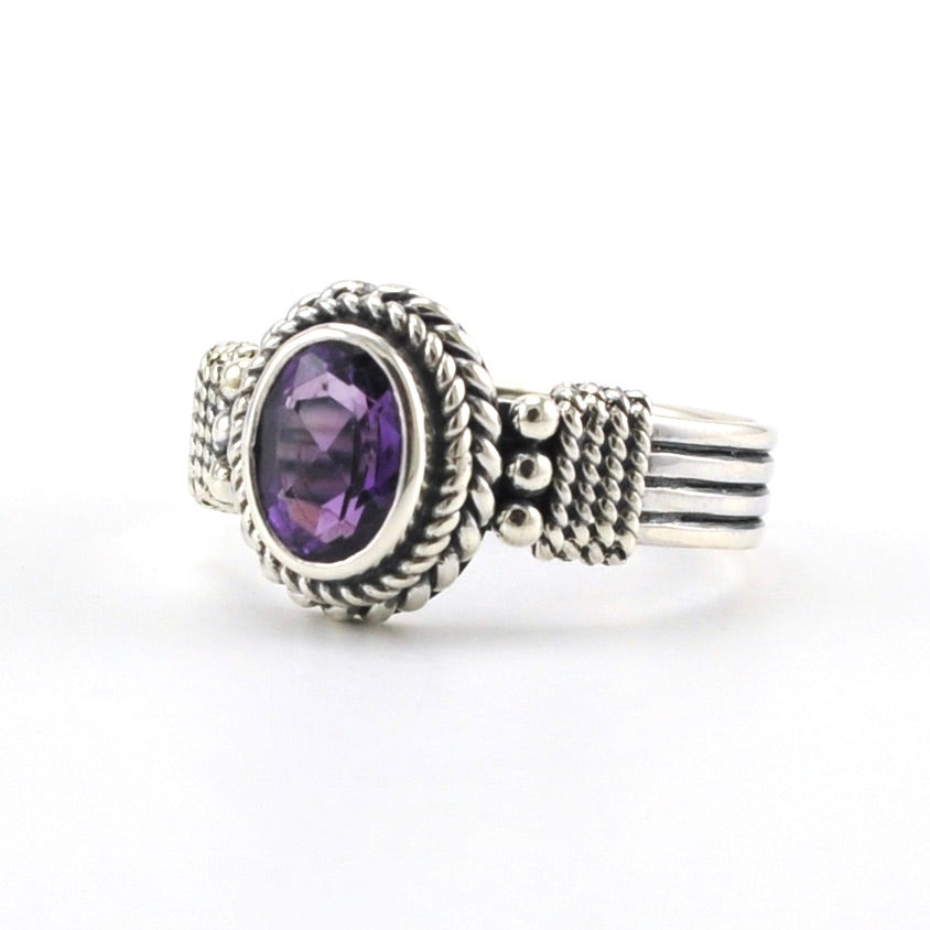 Sterling Silver Amethyst 6x8mm Oval Bali Ring