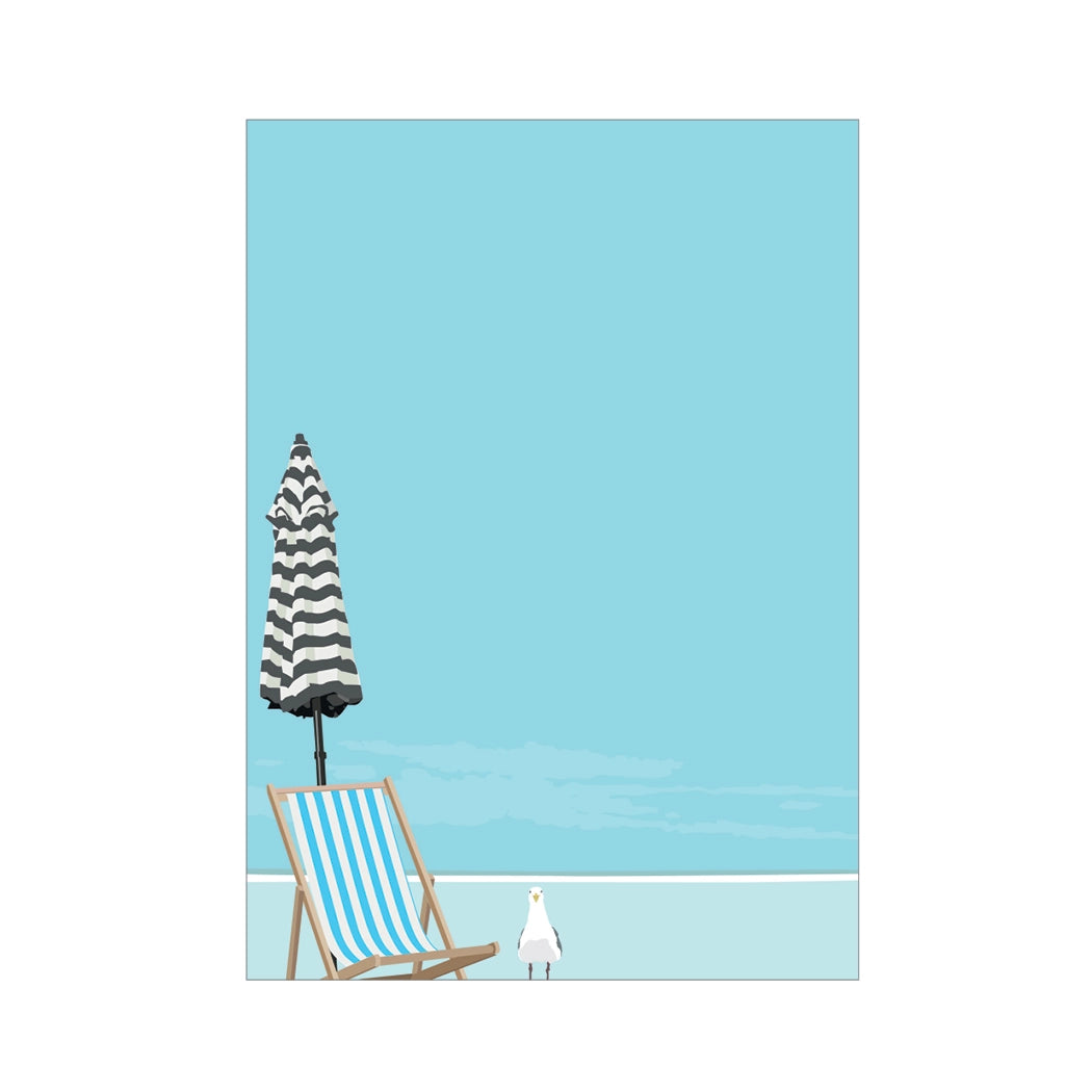 Beach scene with striped umbrella, chair, and seagull against a blue sky.