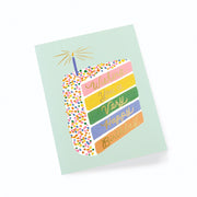 Colorful birthday cake illustration on a light green card with 'Wishing You a Very Happy Birthday' text.