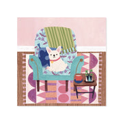 Illustration of a dog sitting on a chair with a colorful geometric rug underneath.
