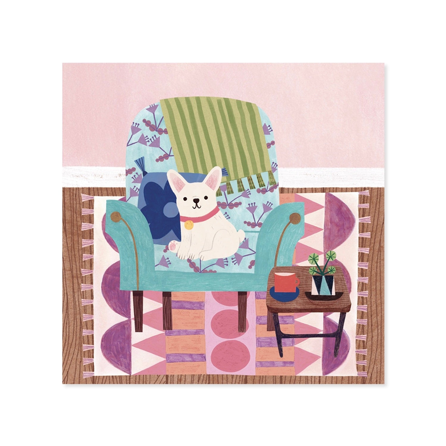 Illustration of a dog sitting on a chair with a colorful geometric rug underneath.