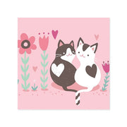 Two cats with heart shapes on a pink background with flowers and hearts.