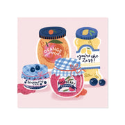 Illustration of jam jars with colorful lids on a pink background