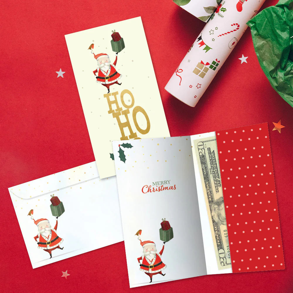 Christmas-themed cards with Santa Claus on a red background