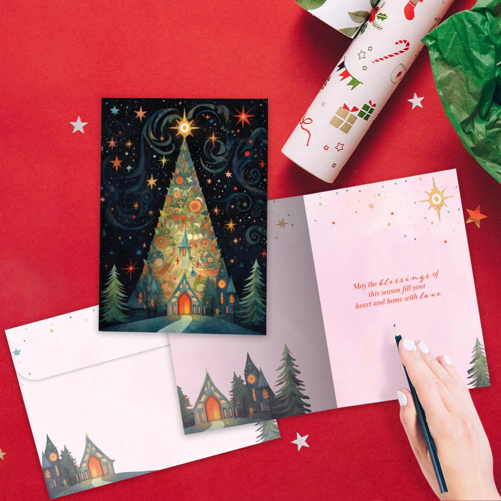 Christmas-themed cards and wrapping paper on a red background