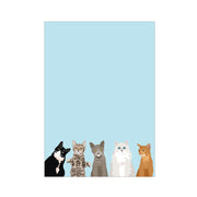 Five cartoon cats of different breeds on a light blue background