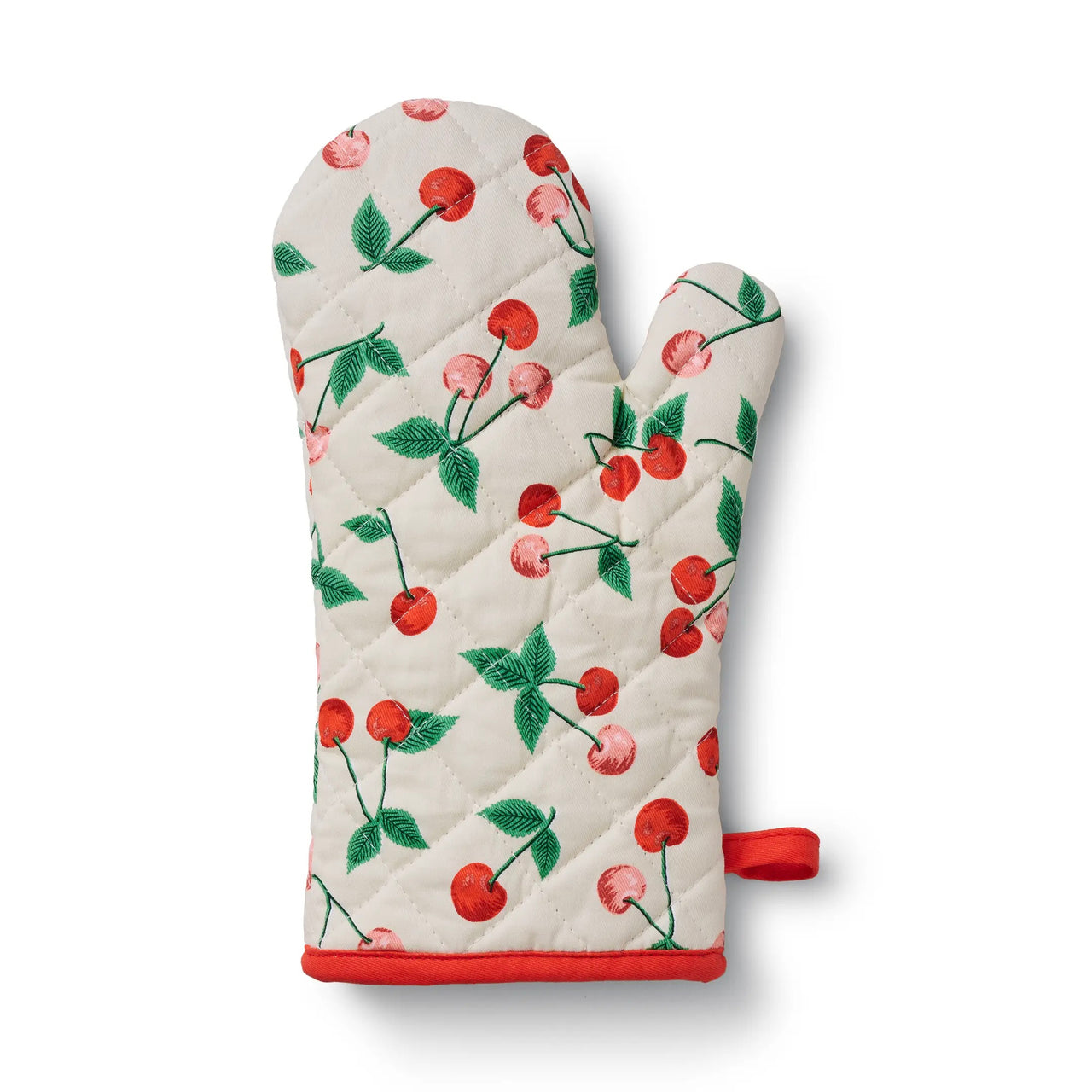 Oven mitt with cherry pattern on a white background