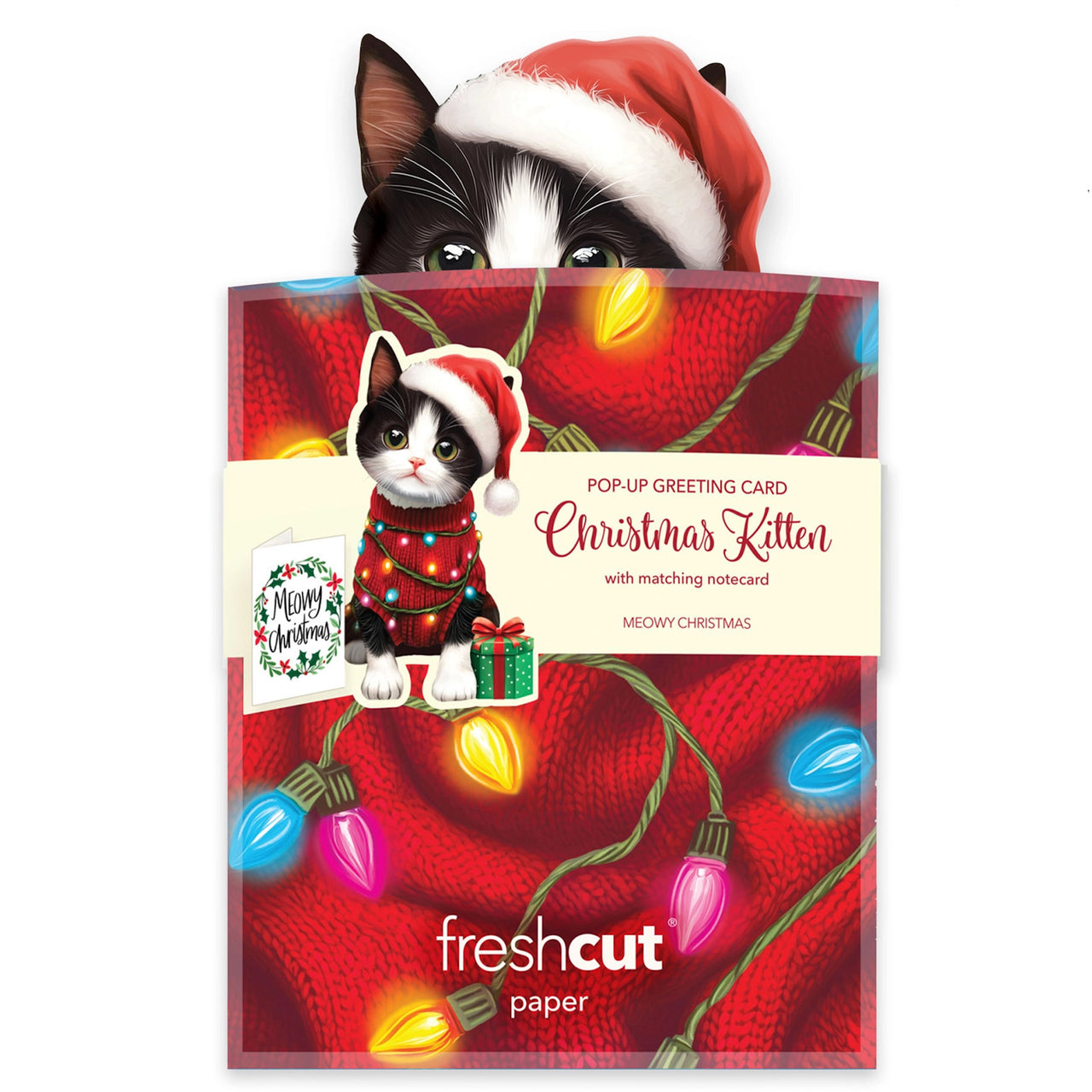 Christmas-themed pop-up greeting card with a cat design, featuring the brand 'freshcut paper'.