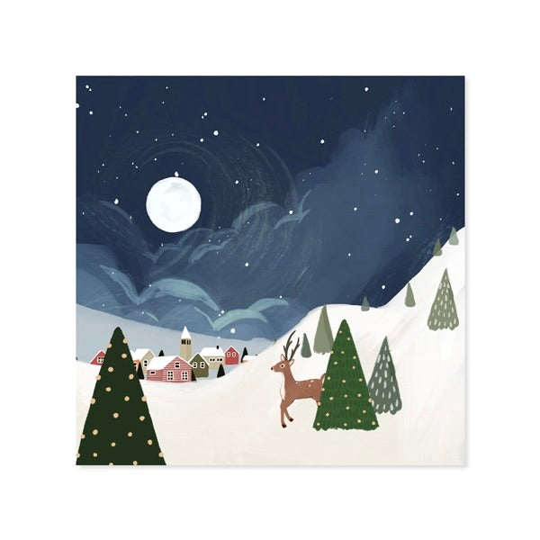 A square winter night scene illustration with a full moon over snowy hills, decorated evergreen trees, small red houses, and a brown deer in the foreground.
