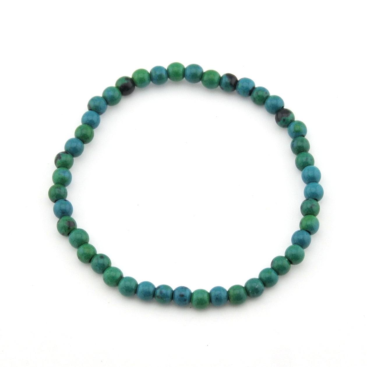 Green and blue beaded bracelet on a white background