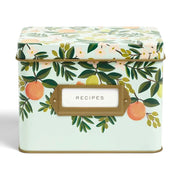 Rectangular tin box with floral design and 'RECIPES' label on a white background