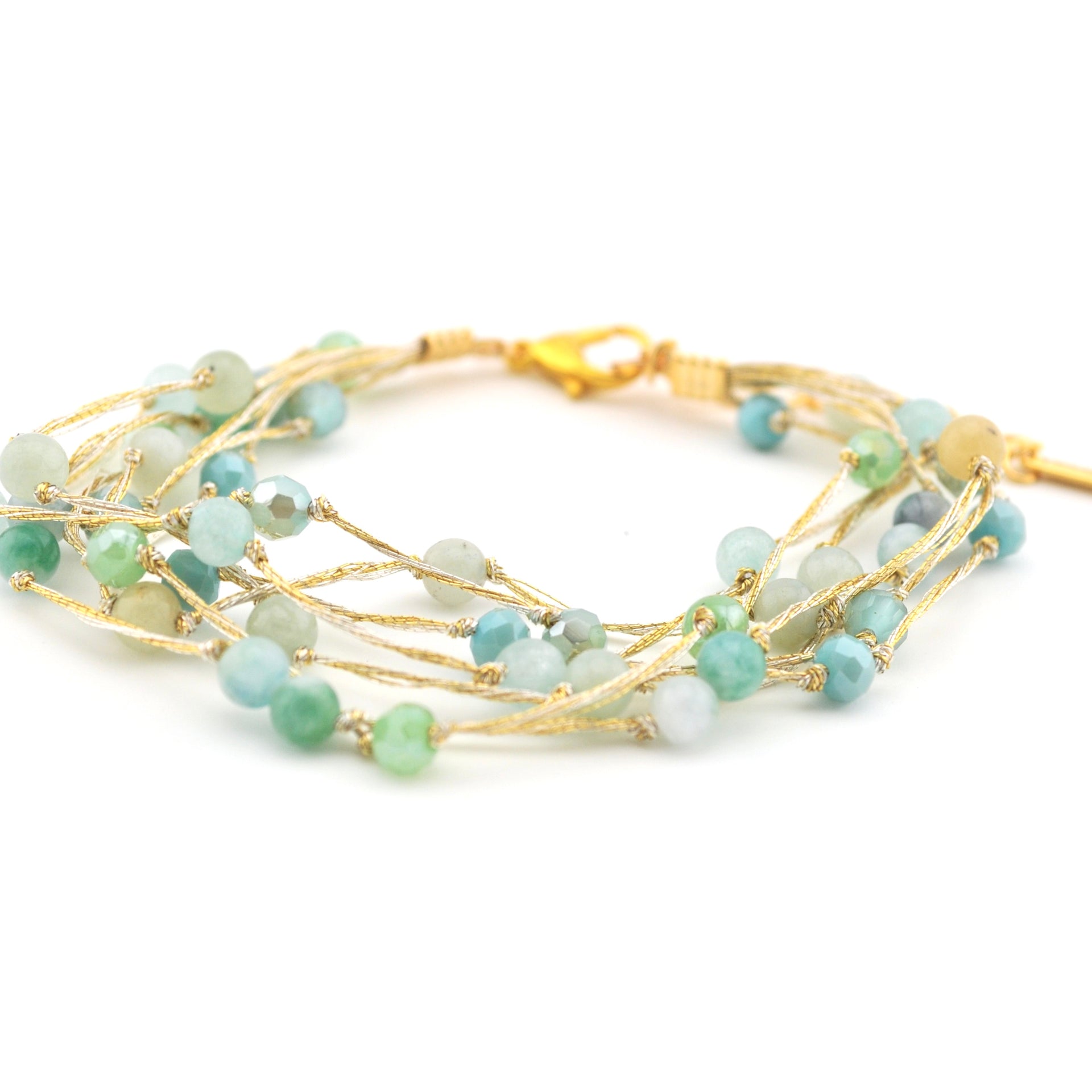 Close Up Aqua Multi Strand Beaded Bracelet with Silk