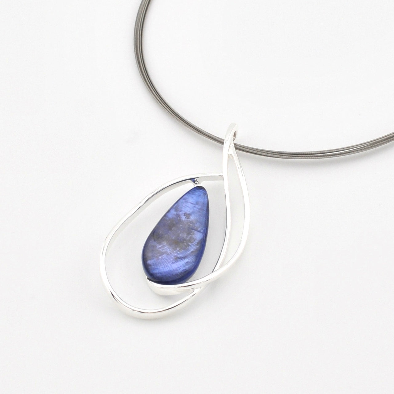 Close Up Dark Blue Teardrop Resin Shell Silver Loop Pendant Necklace