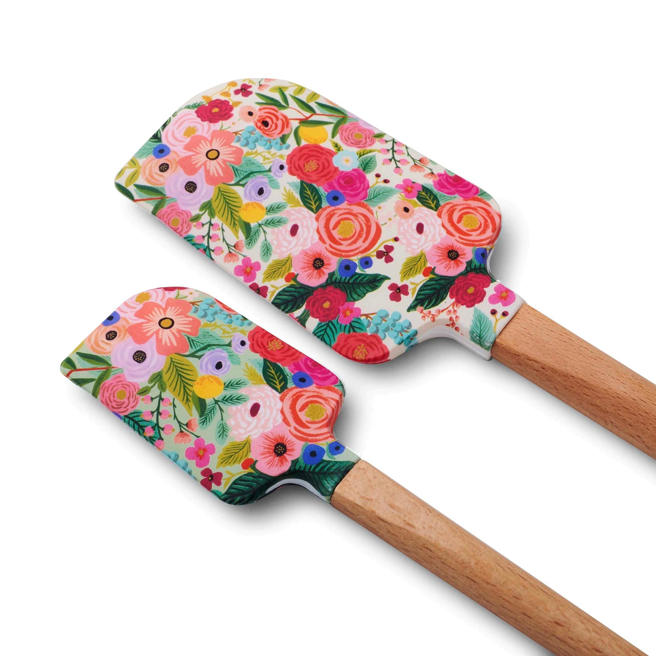 Two floral-patterned spatulas with wooden handles on a white background