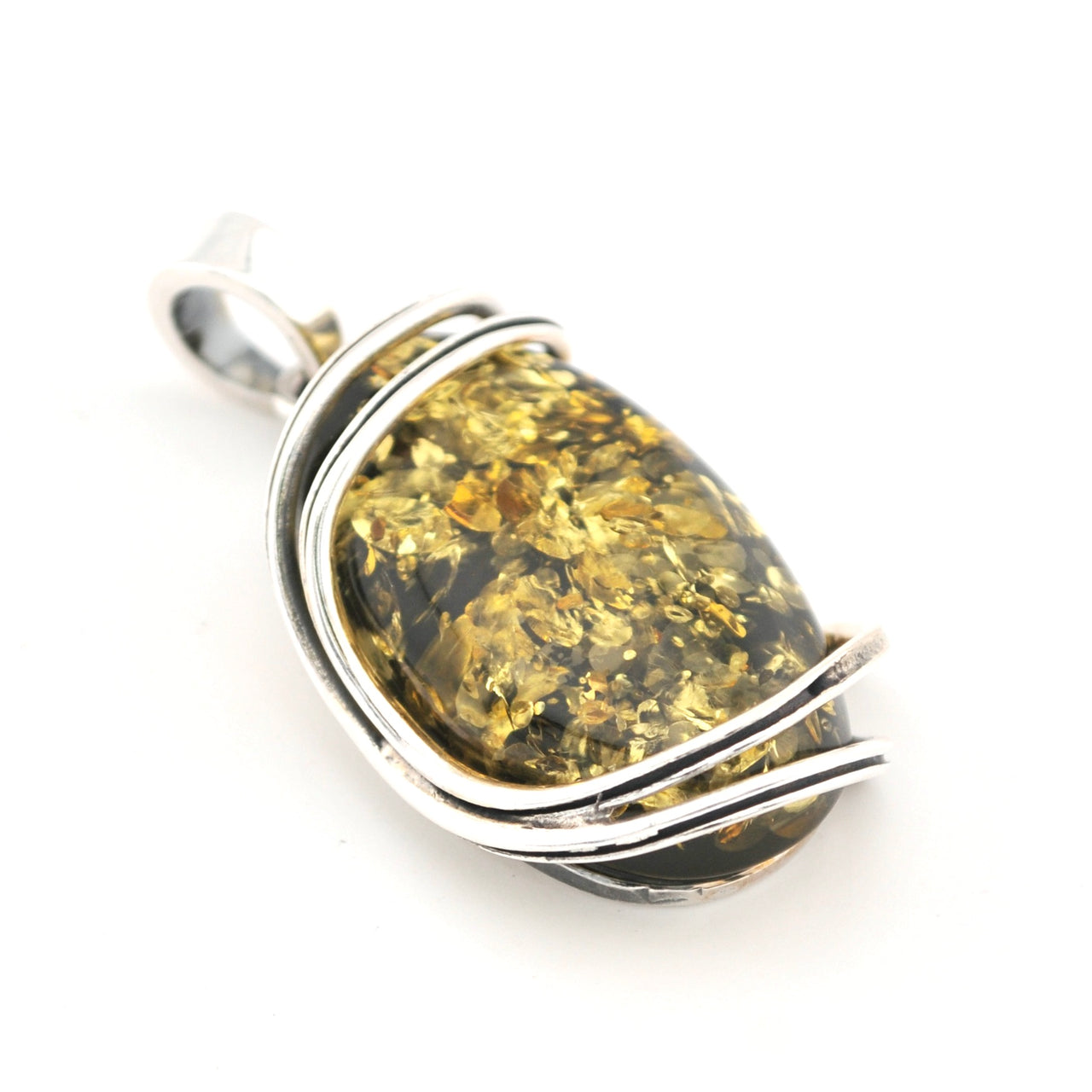 Amber pendant with silver wire wrapping on a white background