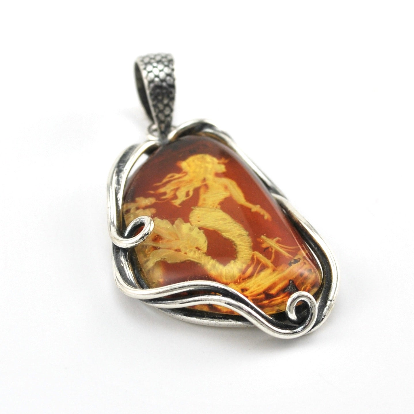 Sterling Silver Amber Intaglio Mermaid Pendant