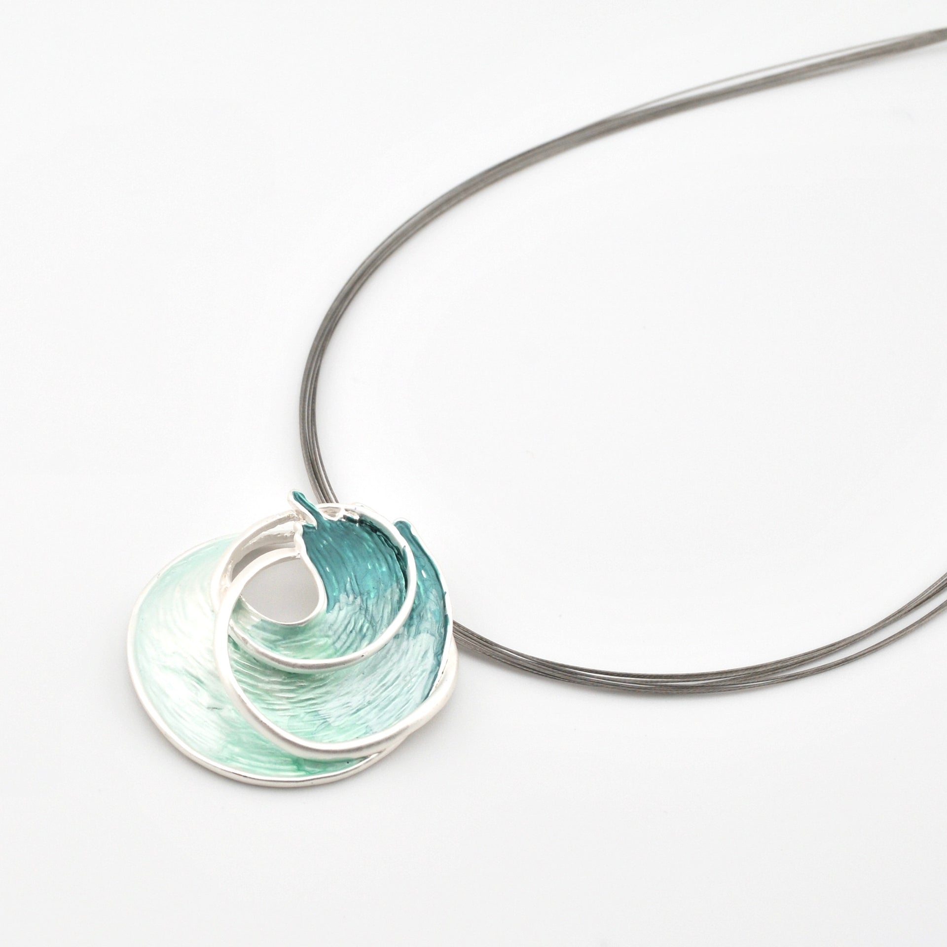Close Up Silver Aqua Ocean Wave Pendant Necklace