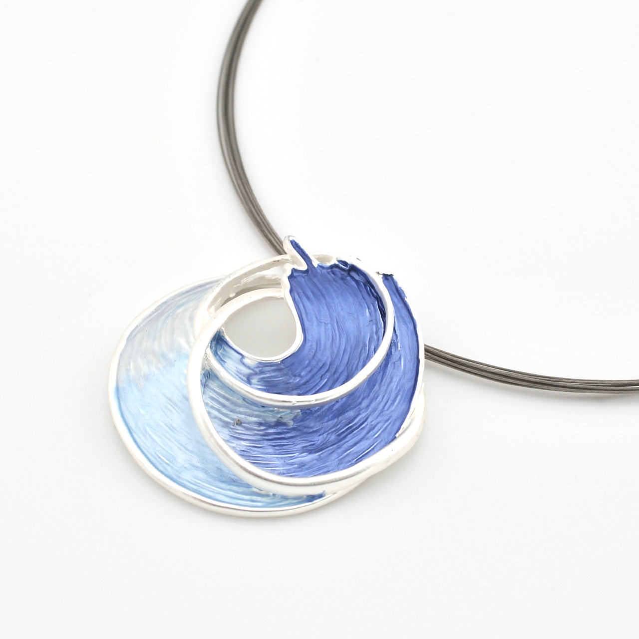Close Up Silver Blue Ocean Wave Pendant Necklace