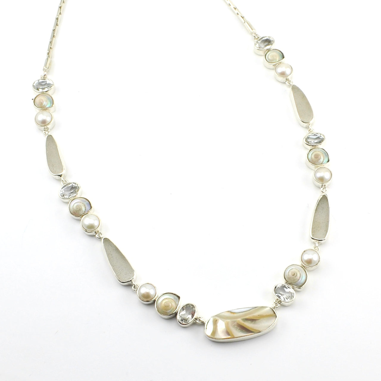 Close Up Silver Nautilus Shell White Topaz Pearl Malabar Shell Necklace