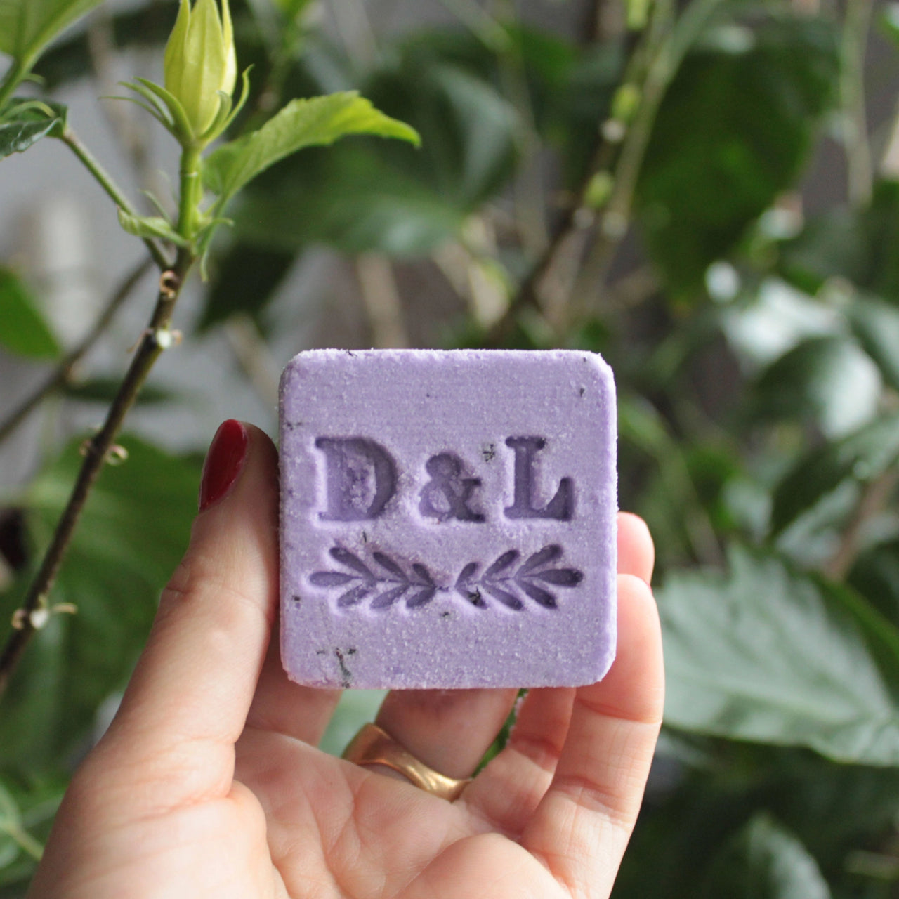 Purple bath cube with 'D&L' branding held in front of green leaves