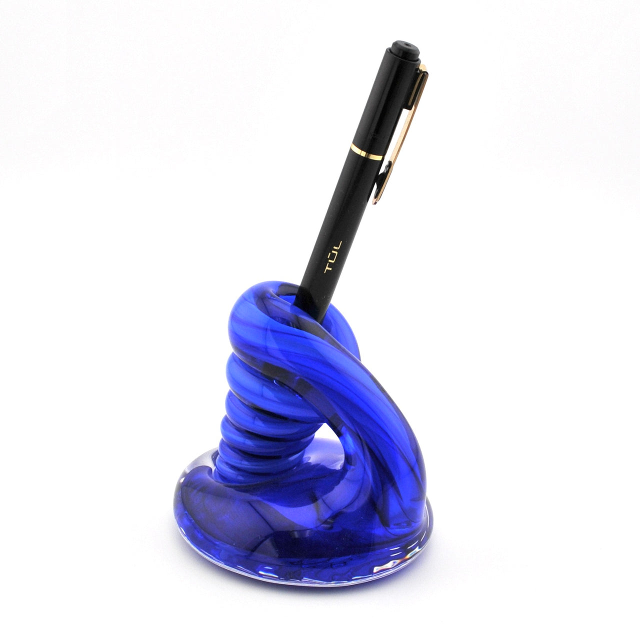 Blue spiral pen holder with a black pen on a white background
