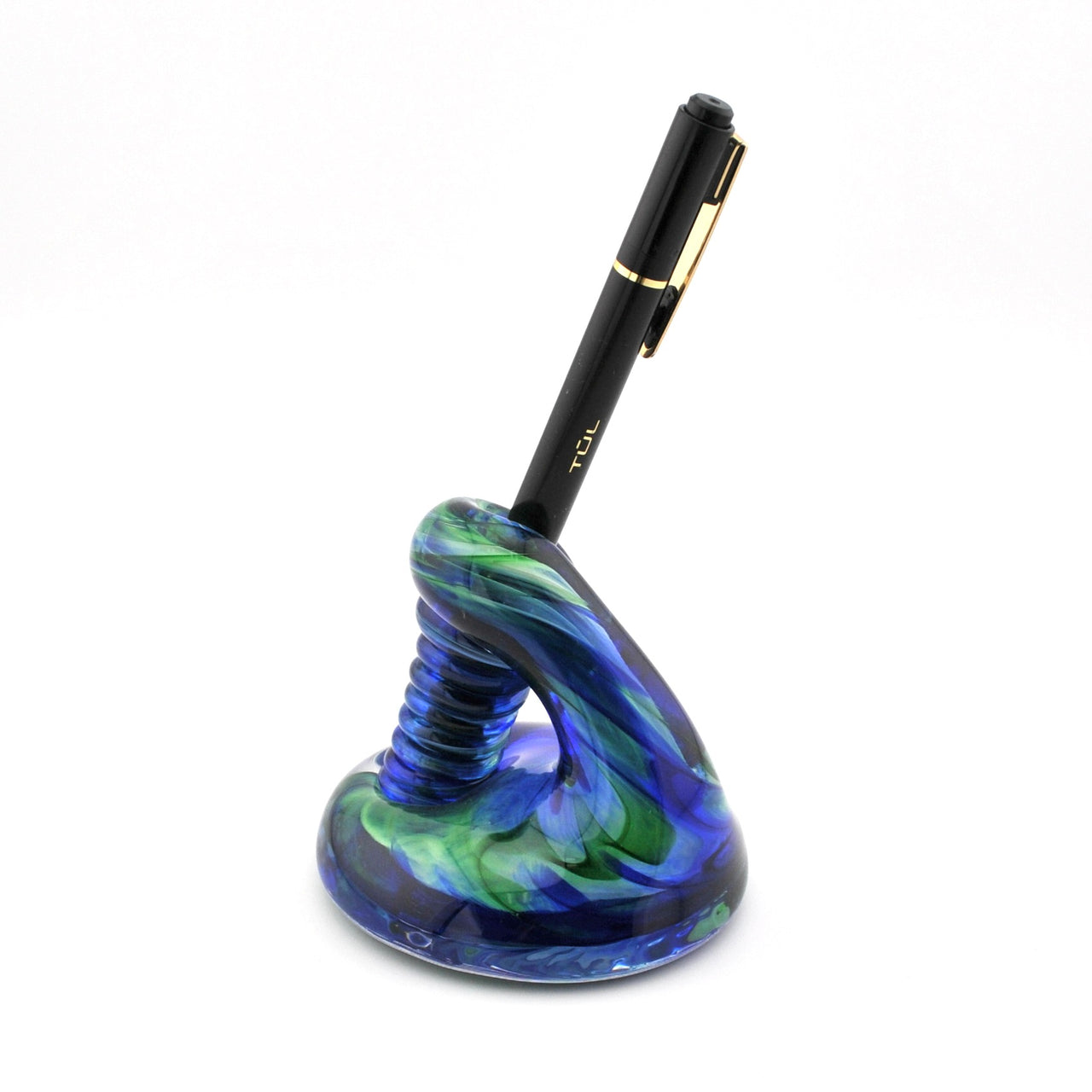 Colorful pen holder with a pen on a white background