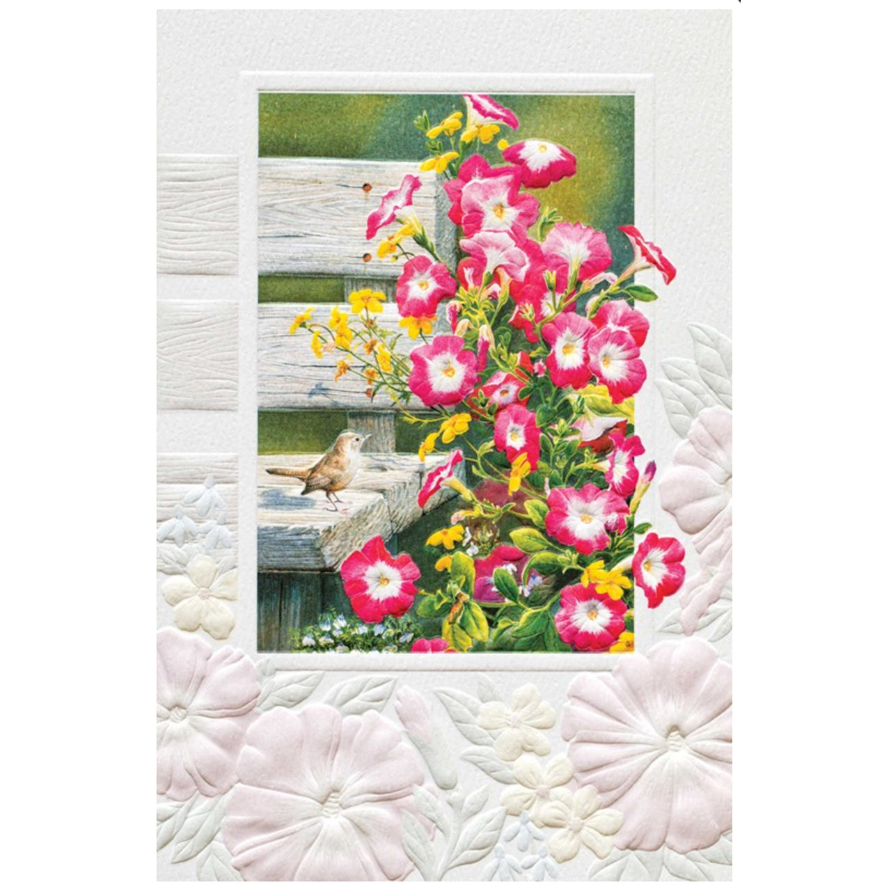 Flowers and a bird near a bench